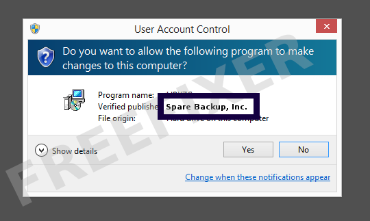 Screenshot where Spare Backup, Inc. appears as the verified publisher in the UAC dialog
